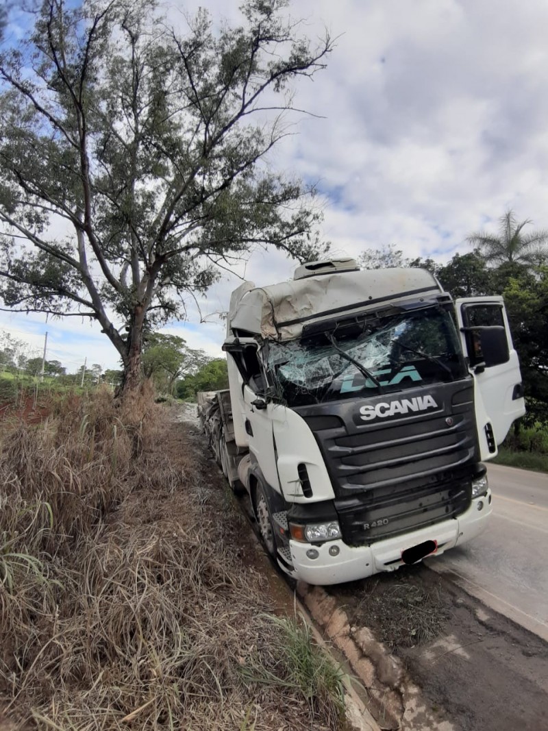 Homem fica levemente ferido após caminhão derrapar na pista e bater em árvore próximo a Pains
