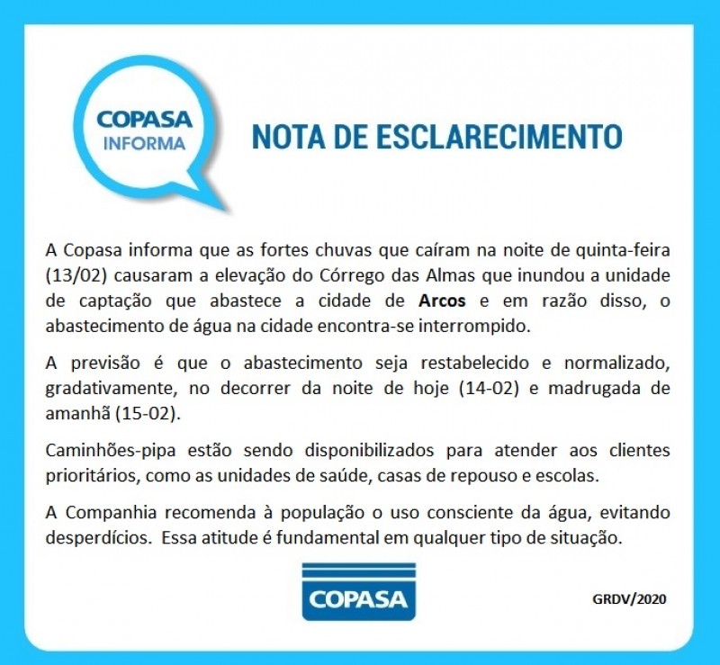 Copasa divulga nota de esclarecimento sobre abastecimento de água em Arcos