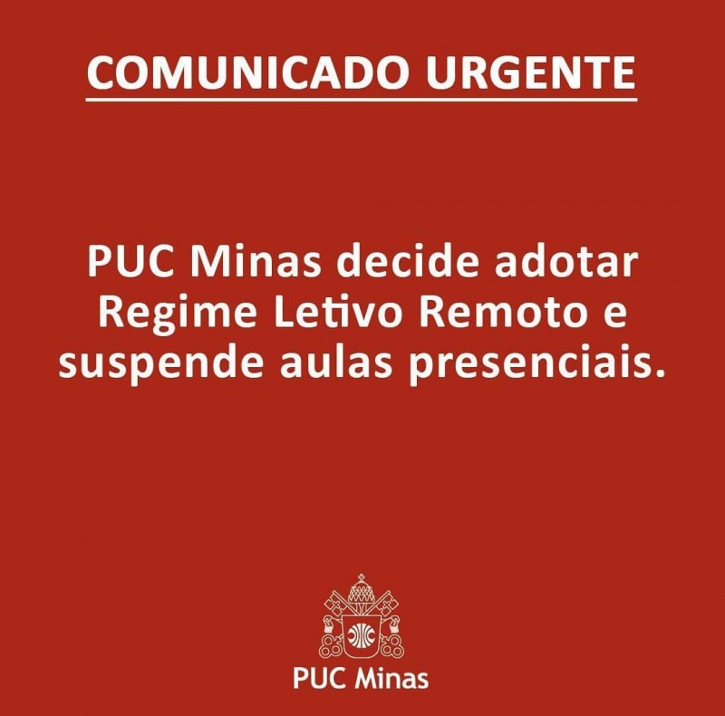 PUC Minas decide adotar Regime Letivo Remoto e suspende aulas presenciais