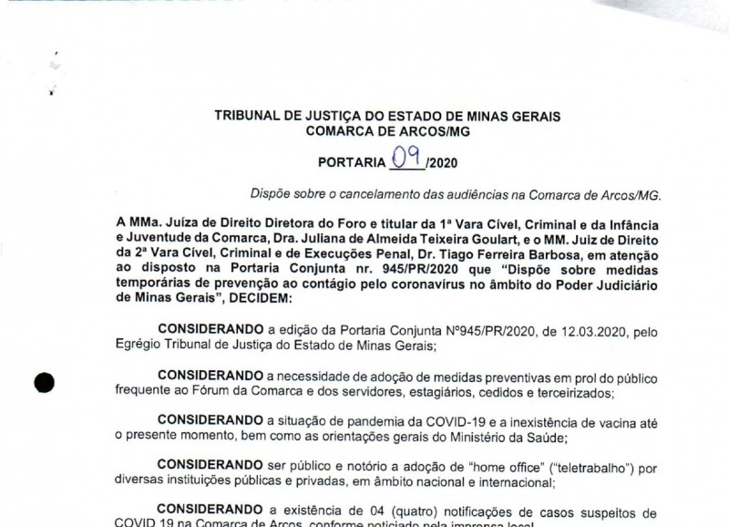 Comarca de Arcos comunica medidas temporárias de prevenção ao contágio pelo coronavírus