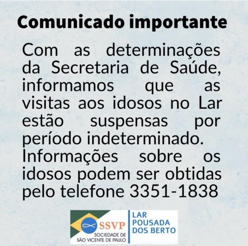 Visitas aos idosos no Asilo estão suspensas por tempo indeterminado