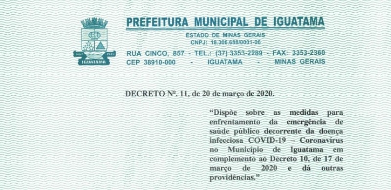 Prefeitura de Iguatama emite decreto contra COVID-19