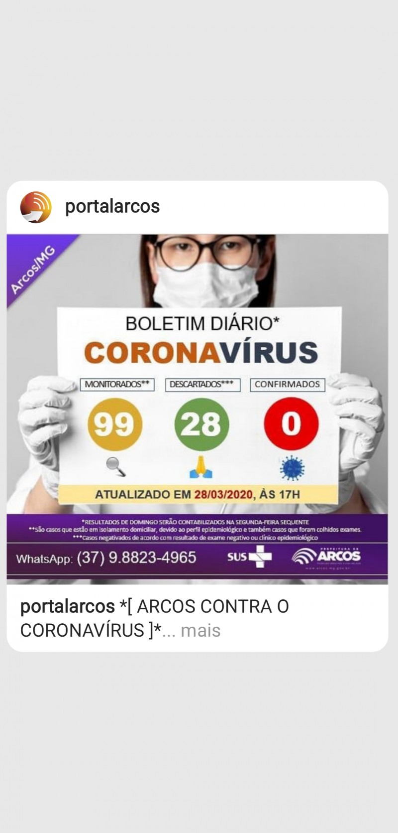 28/03/2020: Boletim Epidemiológico sobre o Coronavírus no Município.