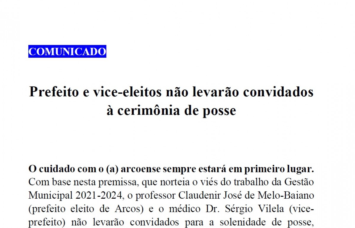Prefeito e vice-eleitos não levarão convidados à cerimônia de posse