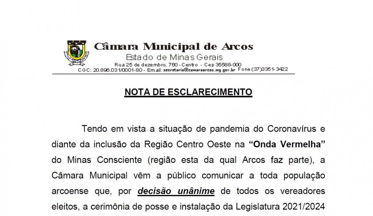 NOTA DE ESCLARECIMENTO - CÂMARA MUNICIPAL DE ARCOS