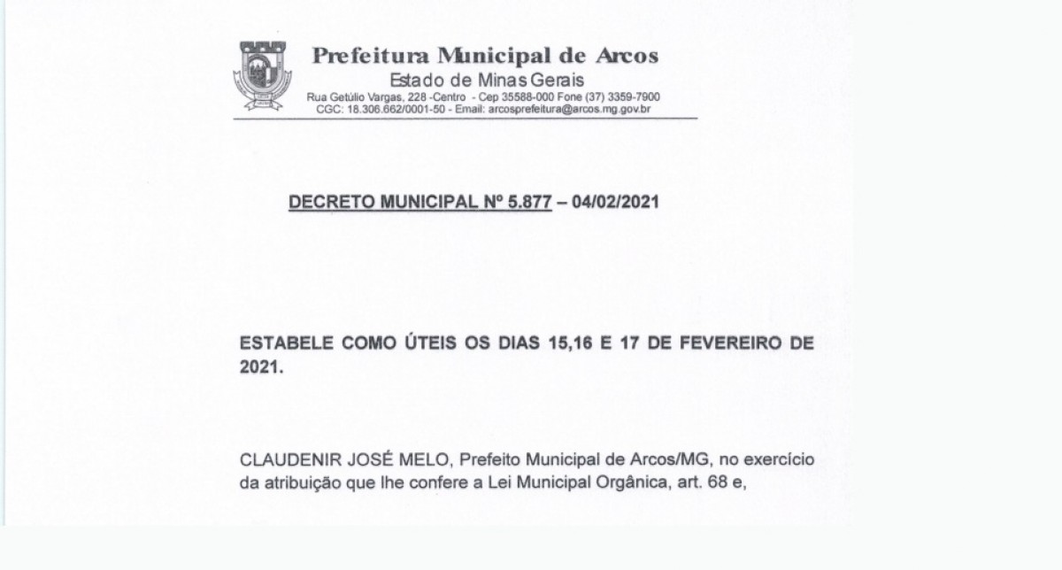 Novo Decreto publicado estabelece como úteis os dias 15, 16 e 17 de Fevereiro de 2021