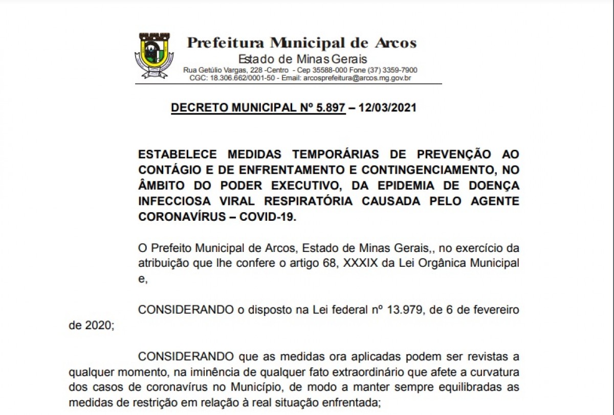 COVID-19/ARCOS: DIVULGADO O DECRETO 5897/2021 DE ENFRENTAMENTO AO CORONA VÍRUS