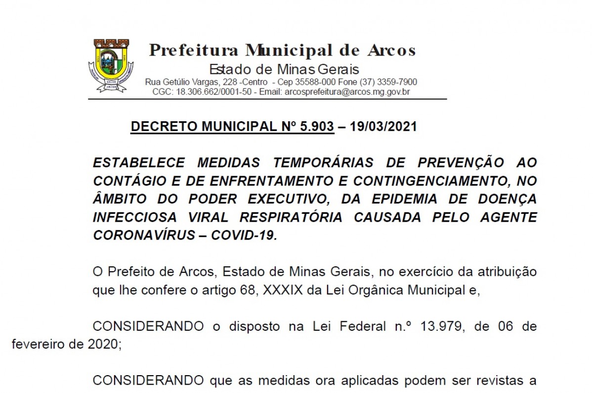 DECRETO MUNICIPAL 5903/2021 - ESTABELECE MEDIDAS TEMPORÁRIAS DE PREVENÇÃO - COVID 19