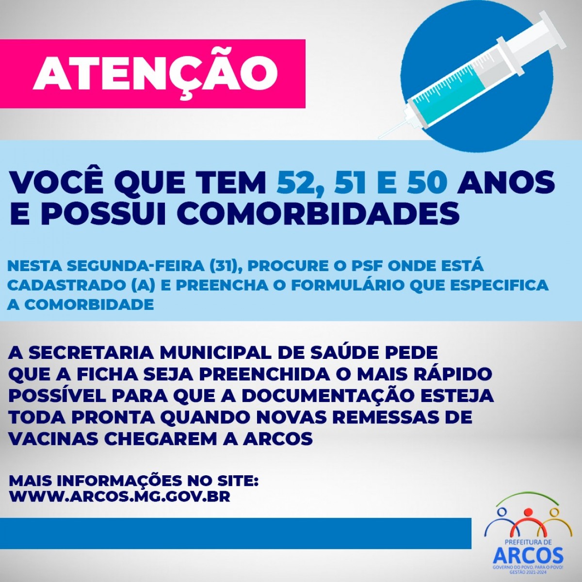 Covid-19: Atenção para os grupos prioritários que devem procurar PSF na segunda-feira (31) e preencherem formulário de vacinação