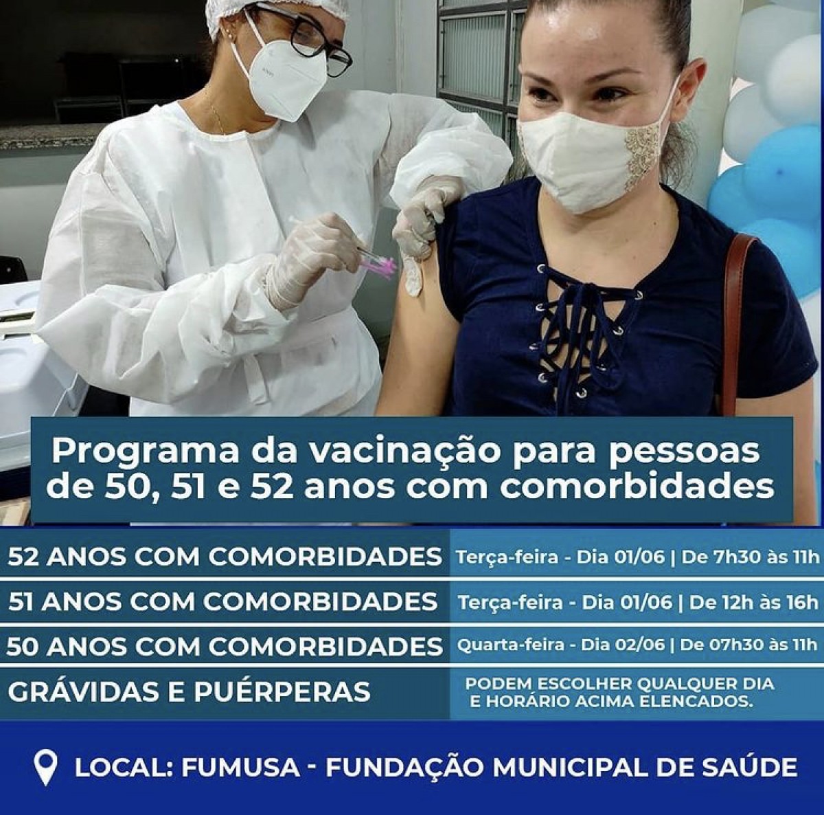 COVID-19: Pessoas de 50, 51 e 52 anos com comorbidades serão vacinadas na FUMUSA; veja datas
