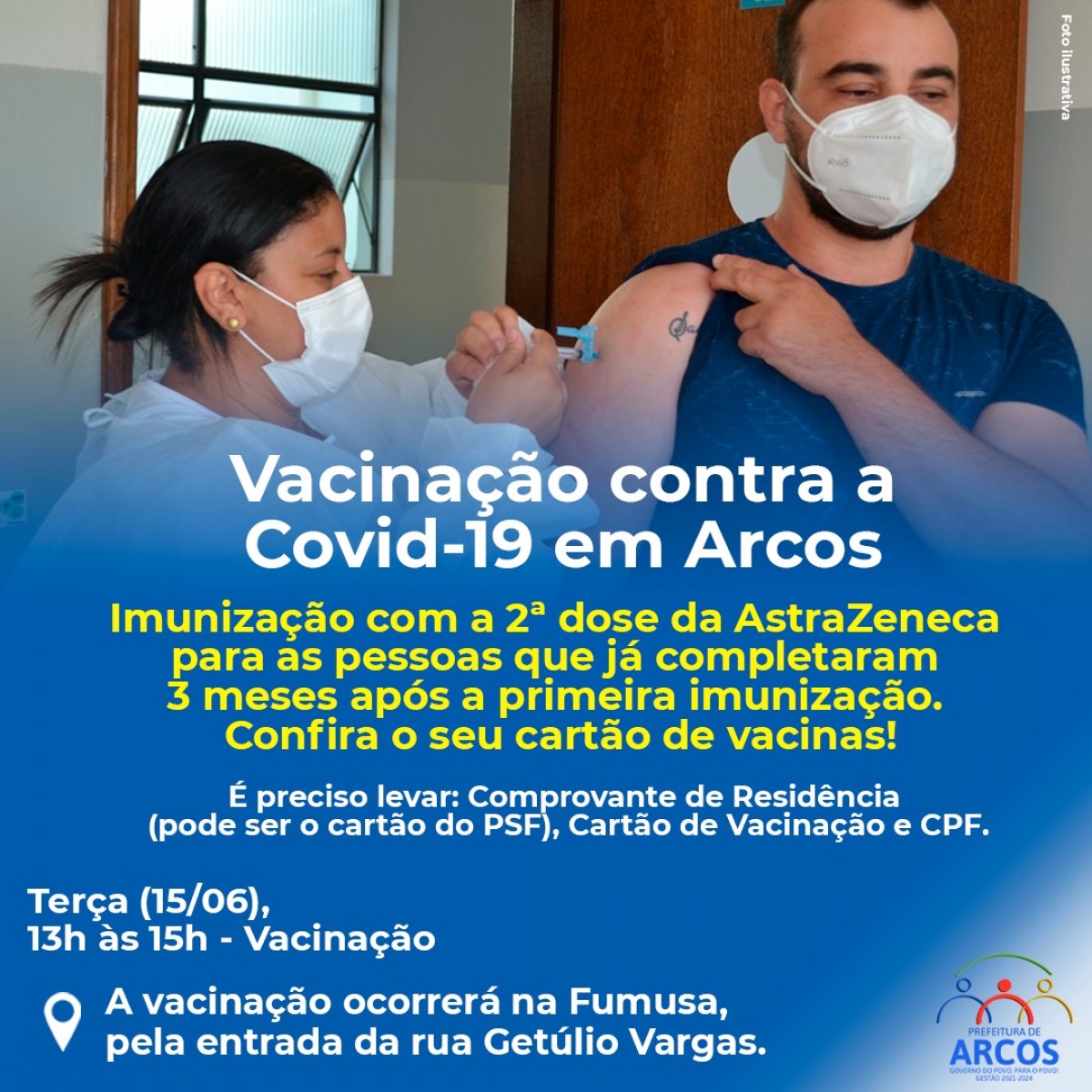 Nesta terça-feira (15) tem vacinação de 2ª dose da AstraZeneca para quem completou 3 meses após a 1ª imunização