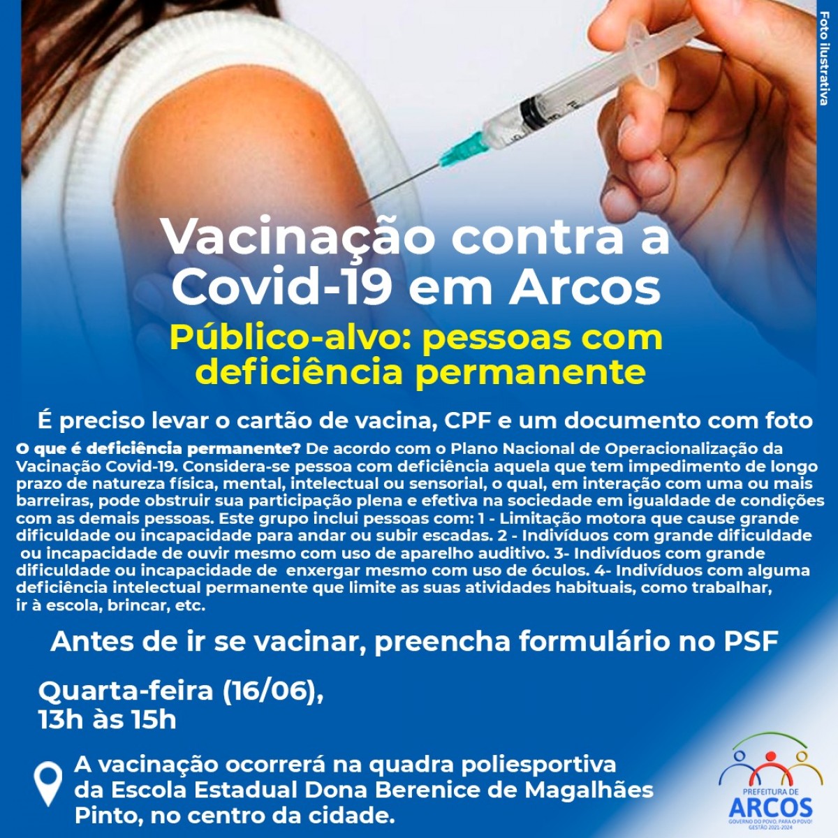 Covid-19: Vacinação para pessoas com deficiência permanente acontece amanhã (16/06)