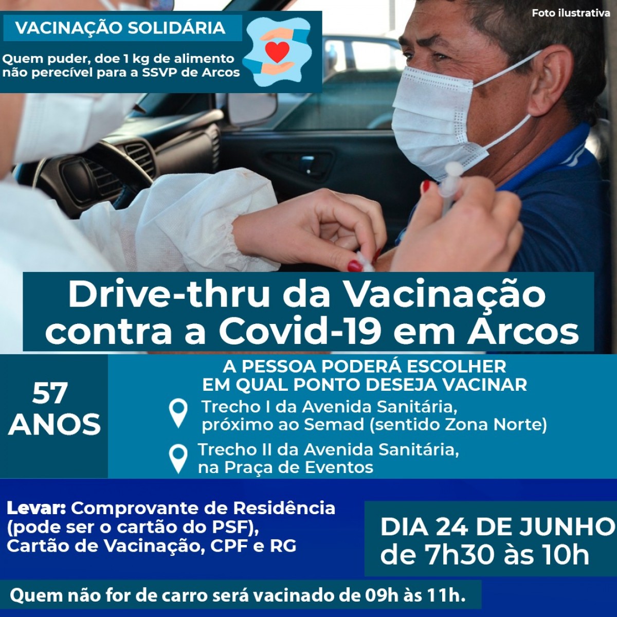 Covid-19: Dois pontos de drive-thru serão disponibilizados para vacinação de pessoas de 57 anos