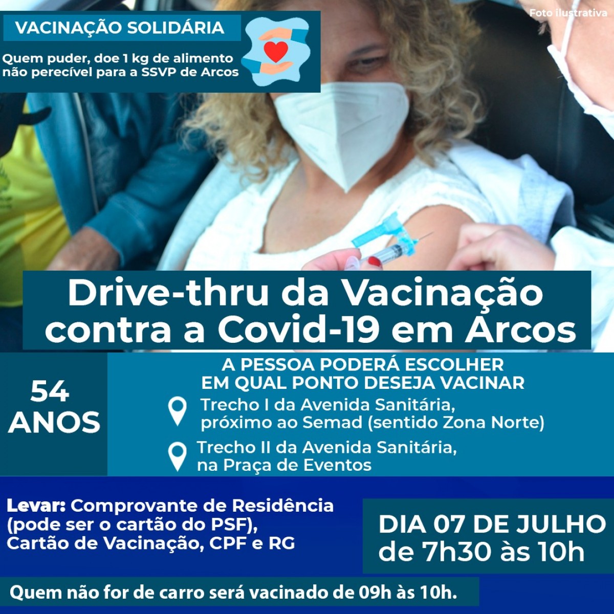 Covid-19: Pessoas de 54 anos serão vacinadas na quarta-feira (07), de 07h30 às 10h