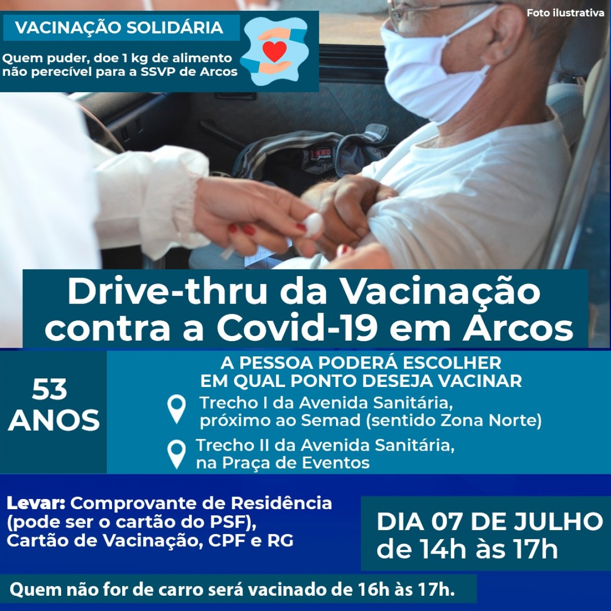 Covid-19: Pessoas de 53 anos serão vacinadas na quarta-feira (07), de 14h às 17h