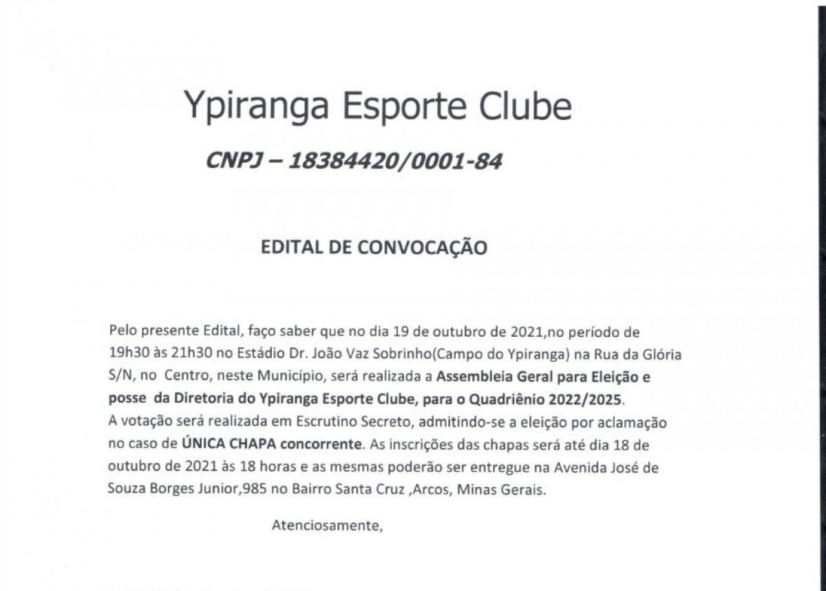 Ypiranga Esporte Clube publica edital de convocação