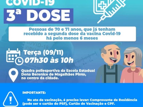 Arcos/MG: nesta terça (09) idosos de 70 e 71 anos receberão 3ª dose da vacina contra a Covid-19