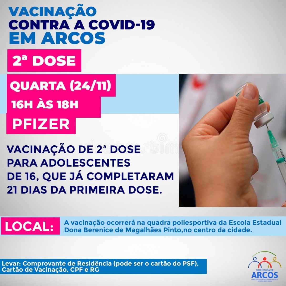 Covid-19: Nesta quarta (24) tem 2ª dose de Pfizer para adolescentes de 16 anos que completaram 21 dias da 1ª imunização