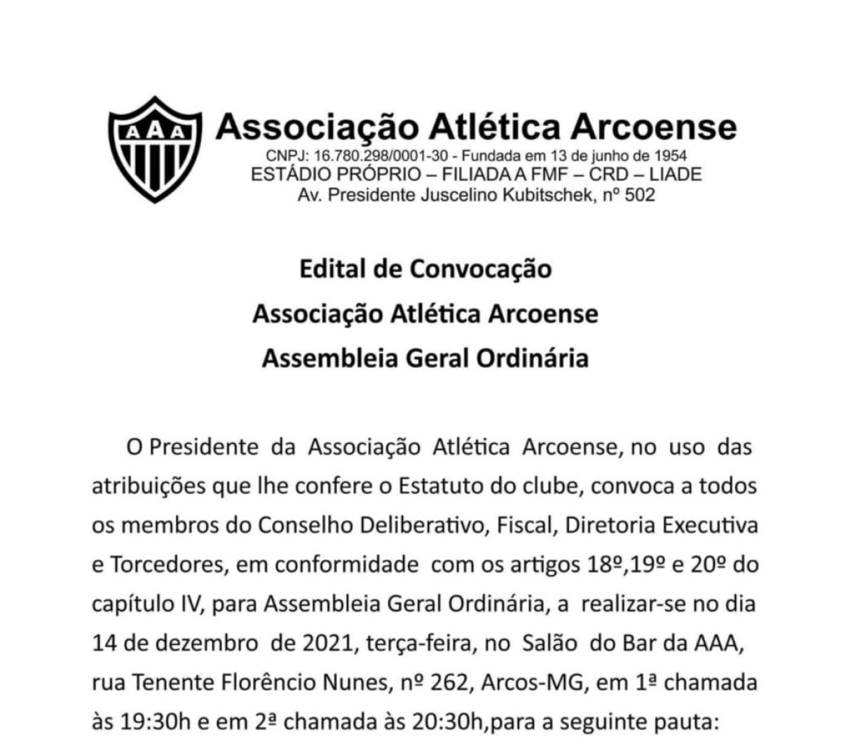 Associação Atlética Arcoense divulga edital para eleição da Diretoria e dos Conselhos