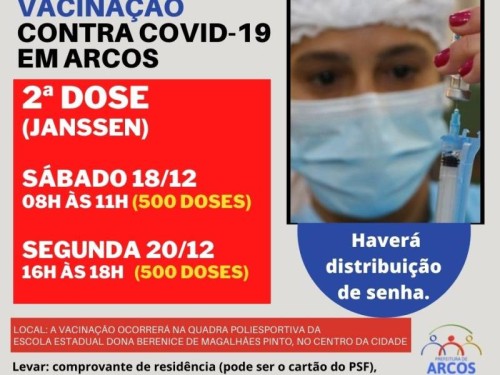 Covid-19: No sábado (18) e na segunda (20) tem vacinação de 2ª dose da Janssen em Arcos; atenção para as informações