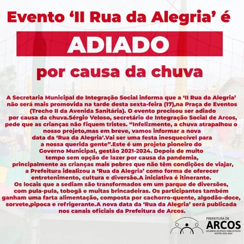 Evento ‘II Rua da Alegria’ é adiado por causa da chuva