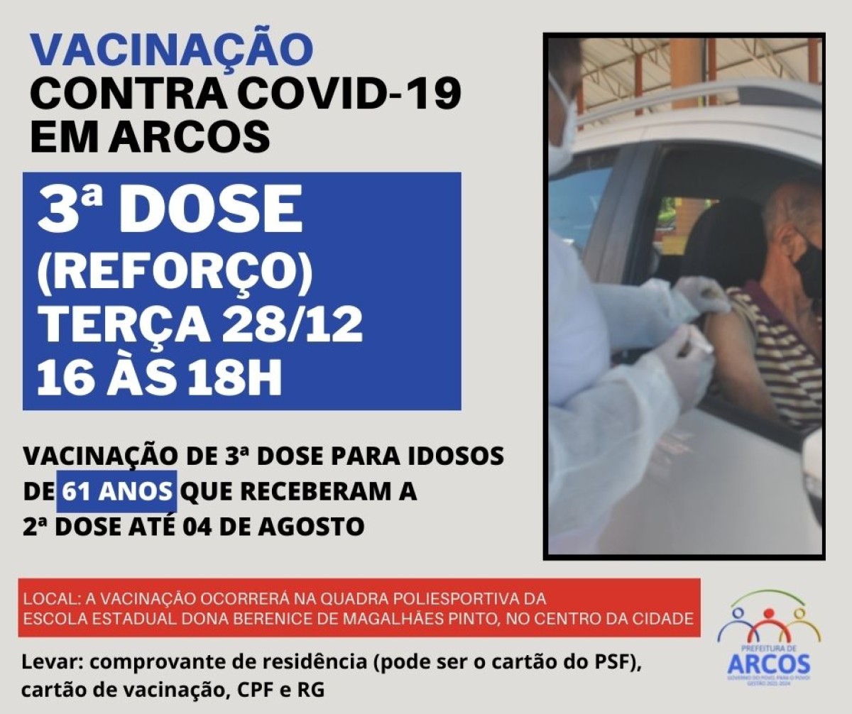 Covid-19: na terça (28) tem 3ª dose da vacina para idosos de 61 anos que receberam a última imunização até 04/08