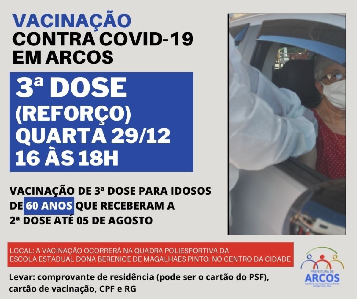Covid-19: na quarta (29) tem 3ª dose da vacina para idosos de 60 anos que receberam a última imunização até 05/08