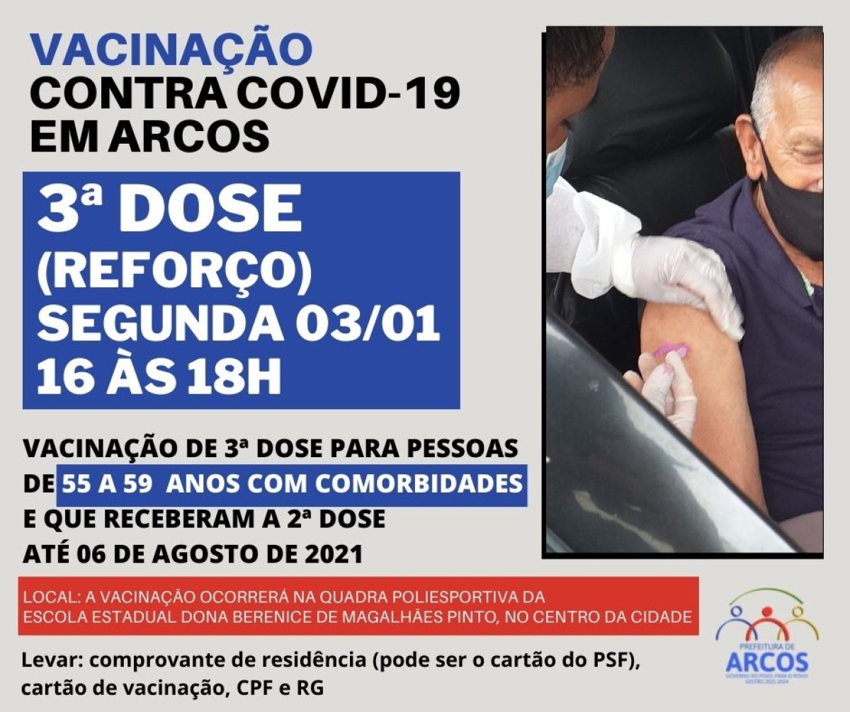 Covid-19: hoje (03/01) tem 3ª dose da vacina para pessoas de 55 a 59 anos com comorbidades e que receberam a última imunização até 06/08/21