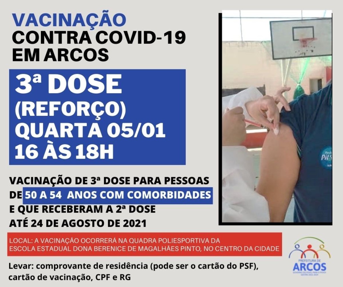 Covid-19: na quarta (05) tem 3ª dose da vacina para pessoas de 50 a 54 anos com comorbidades que receberam a última imunização até 24/08/21