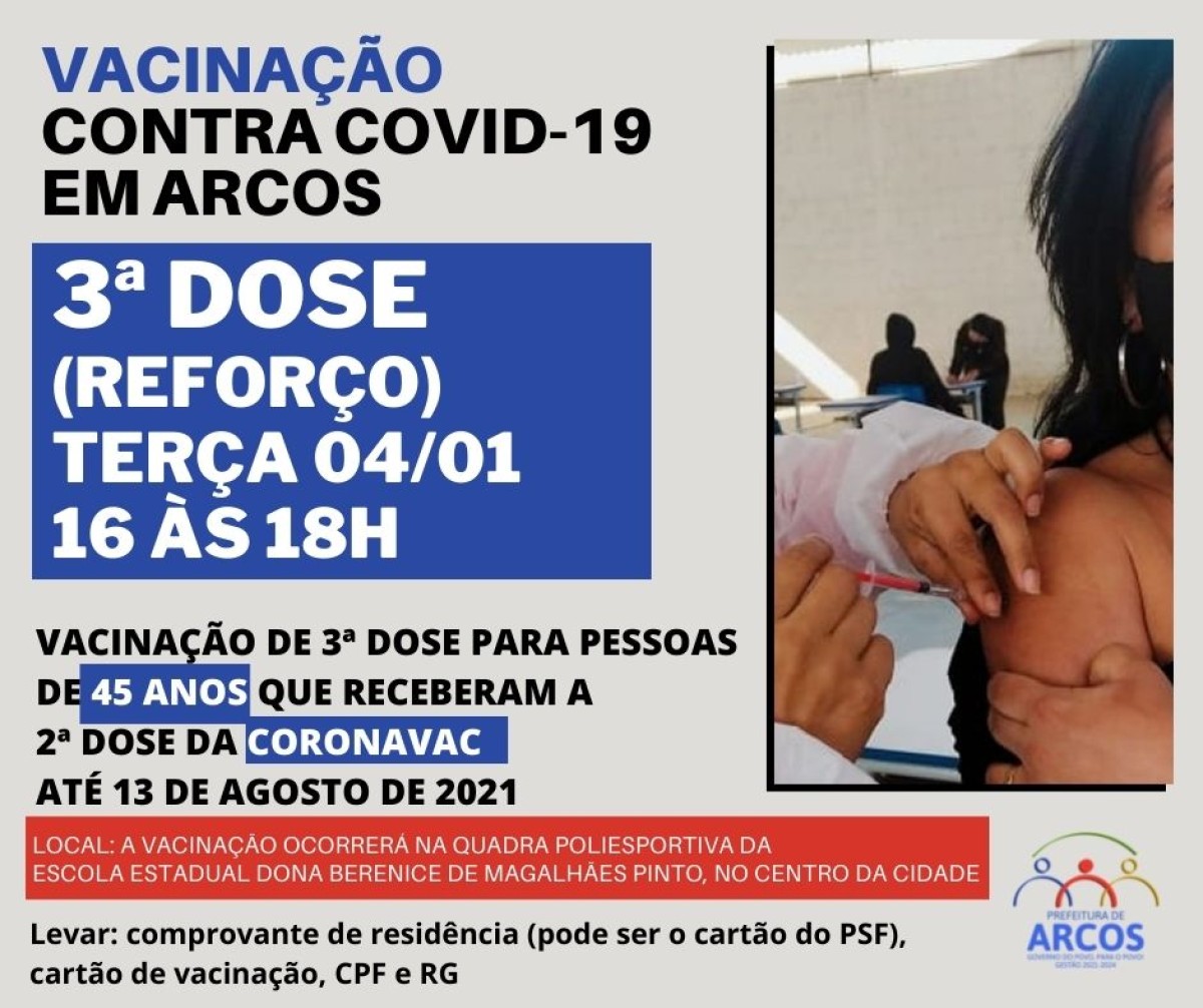 Covid-19: na terça (04) tem 3ª dose da vacina para pessoas de 45 anos que receberam a última imunização de CORONAVAC até 13/08/21