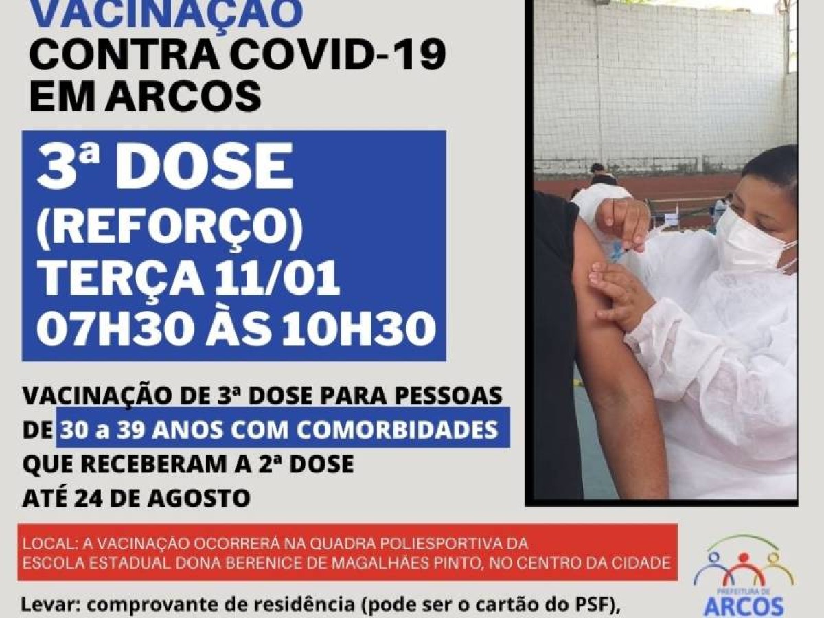 Covid-19: na terça (11) tem 3ª dose da vacina para pessoas de 30 a 39 anos com comorbidades que vacinaram até 24/08/21