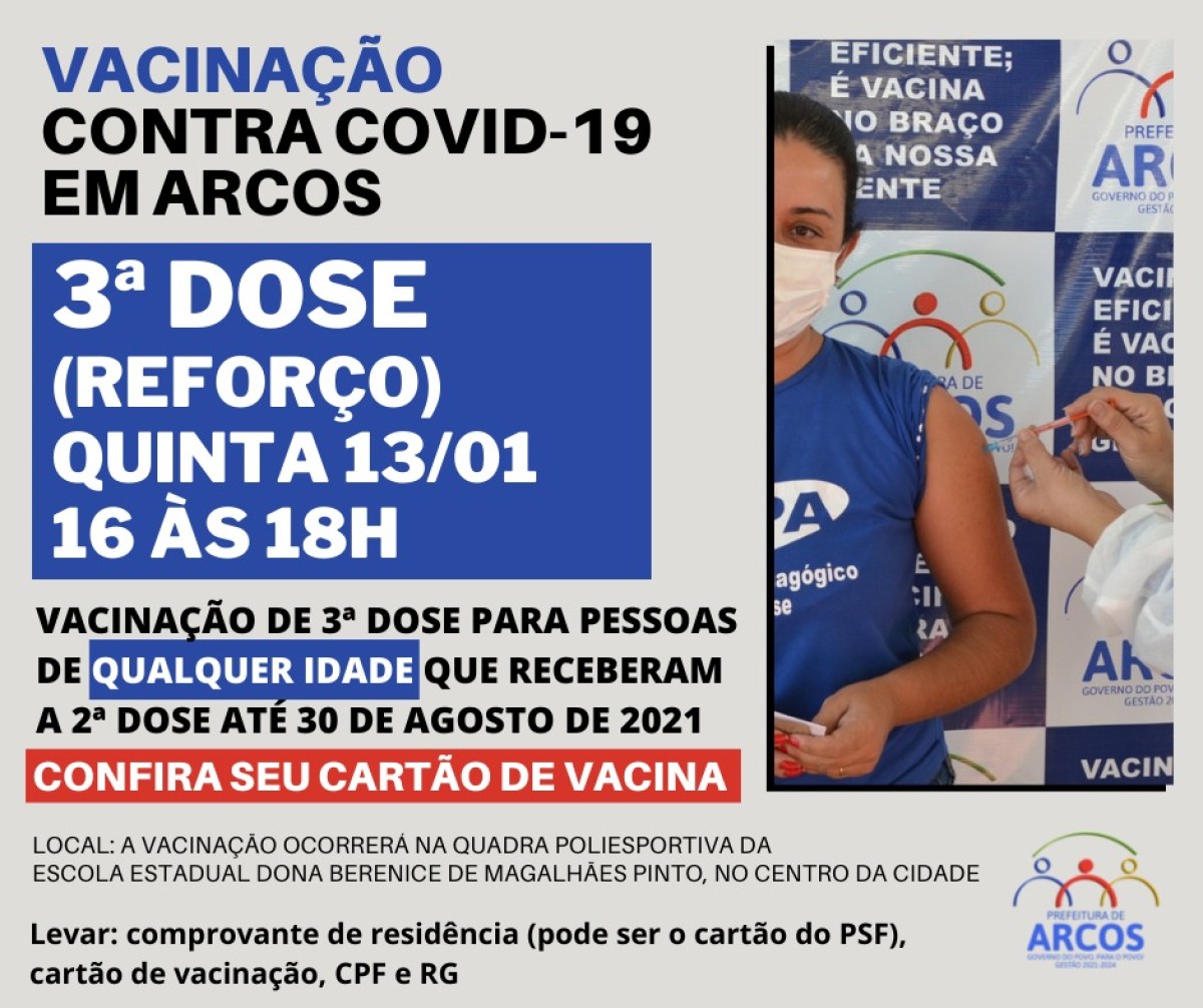 Covid-19: na quinta (13) tem 3ª dose da vacina para pessoas de qualquer idade, que receberam a última imunização até 30/08/21