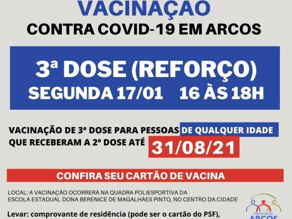 Covid-19: nesta segunda (17) tem 3ª dose da vacina para pessoas de qualquer idade, que receberam a última imunização até 31/08/21