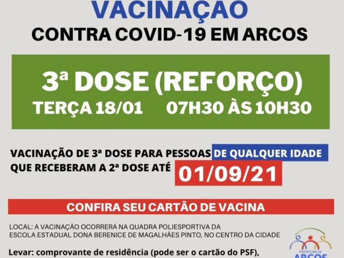 Covid-19: na terça (18) tem 3ª dose da vacina para pessoas de qualquer idade, que receberam a última imunização até 01/09/21