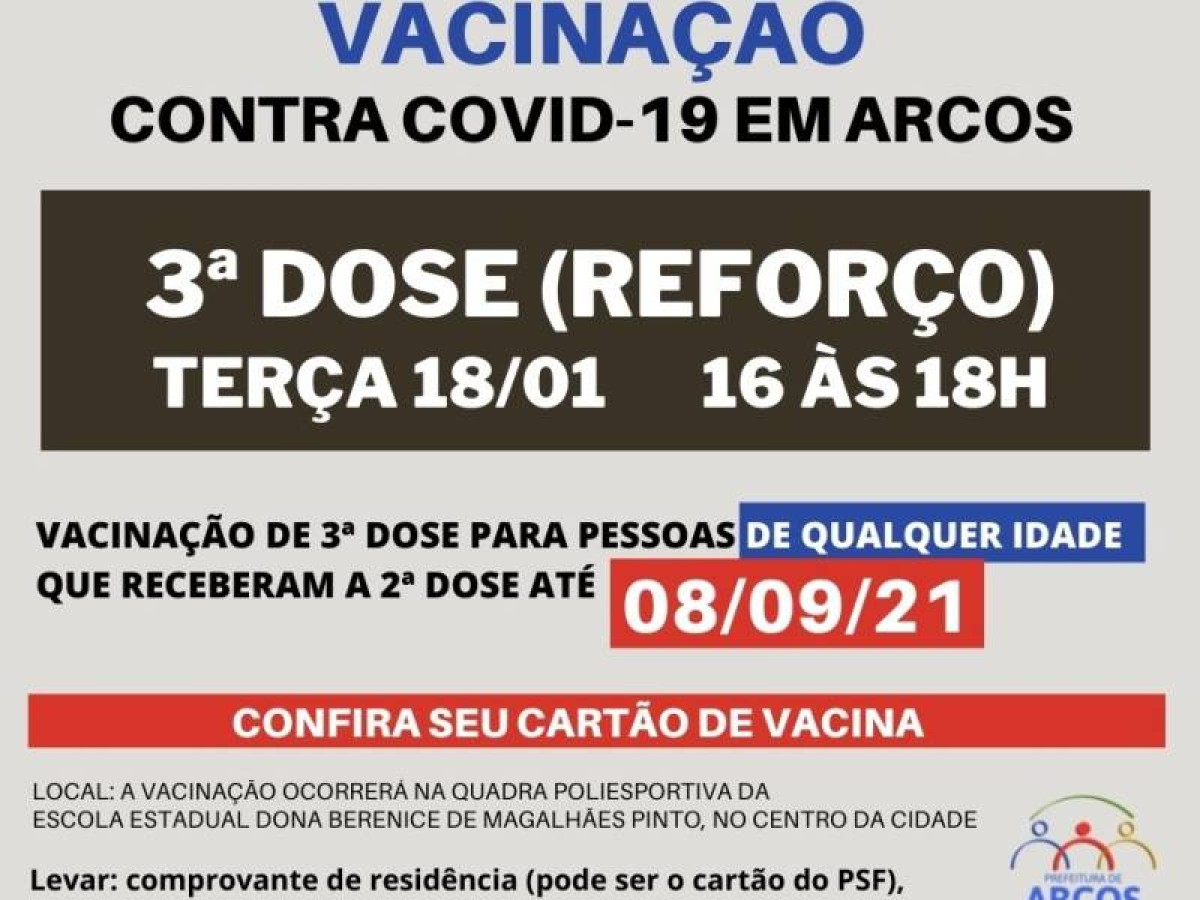 Covid-19: na terça (18) tem 3ª dose da vacina para pessoas de qualquer idade, que receberam a última imunização até 08/09/21