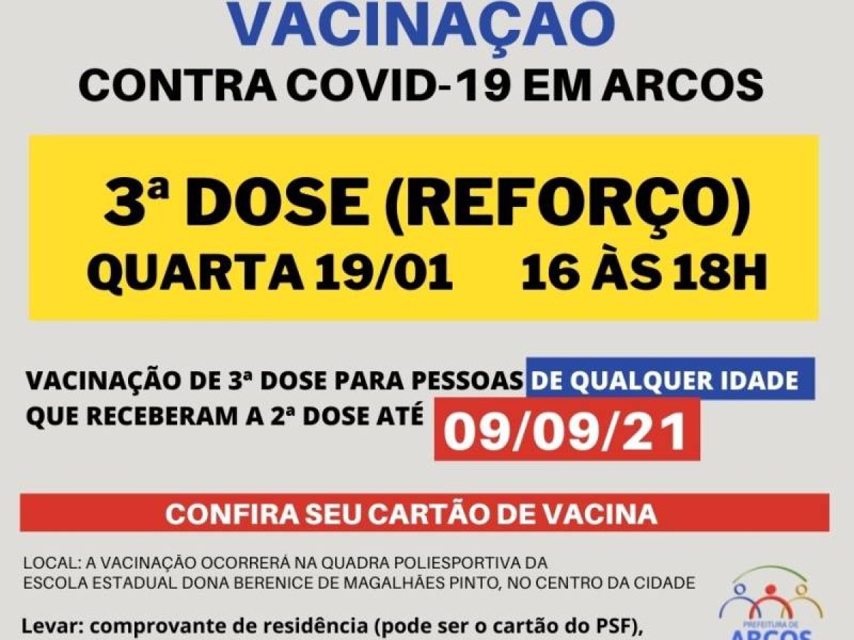 Covid-19: na quarta (19) tem 3ª dose da vacina para pessoas de qualquer idade, que receberam a última imunização até 09/09/21