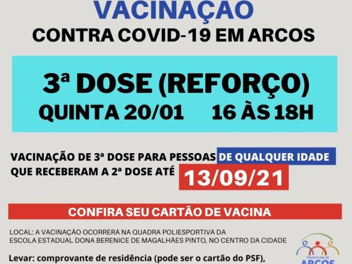 Covid-19: na quinta (20) tem 3ª dose da vacina para pessoas de qualquer idade, que receberam a última imunização até 13/09/21