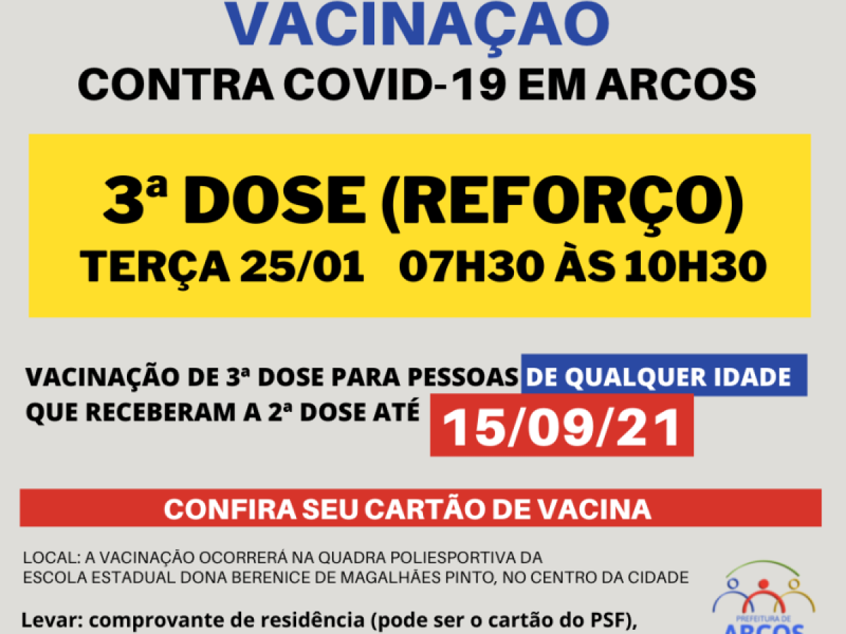 Covid-19: na terça (25) tem 3ª dose da vacina para pessoas de qualquer idade, que receberam a última imunização até 15/09/21
