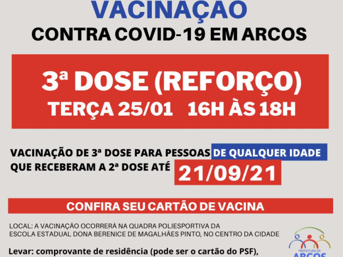 Covid-19: na terça (25) tem 3ª dose da vacina para pessoas de qualquer idade, que receberam a última imunização até 21/09/21