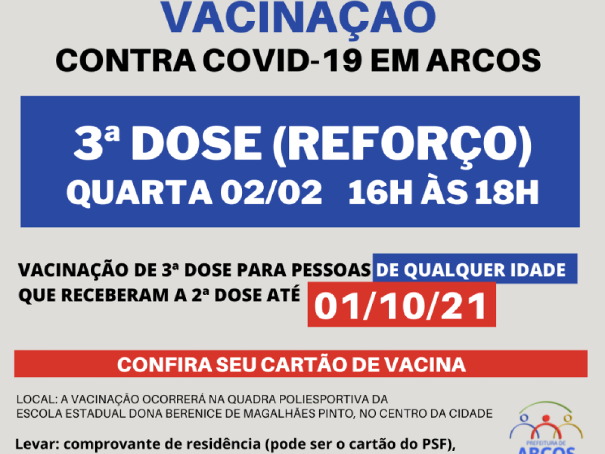 Covid-19: na quarta (02) tem 3ª dose da vacina para pessoas de qualquer idade, que receberam a última imunização até 01/10/21