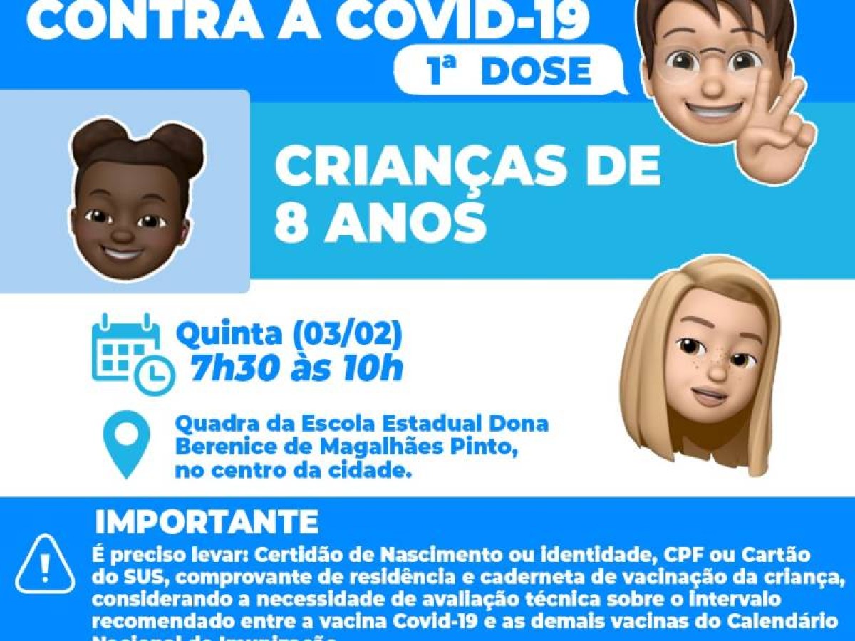 Covid-19: Nesta quinta-feira (03) tem vacinação para crianças de 08 anos