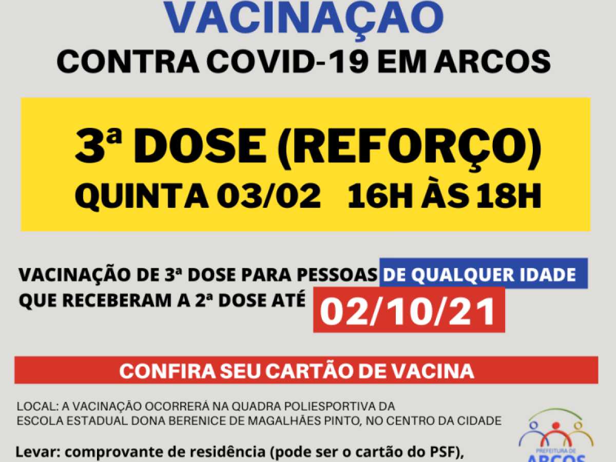 Covid-19: quinta (03/02) tem 3ª dose da vacina para pessoas de qualquer idade, que receberam a última imunização até 02/10/21
