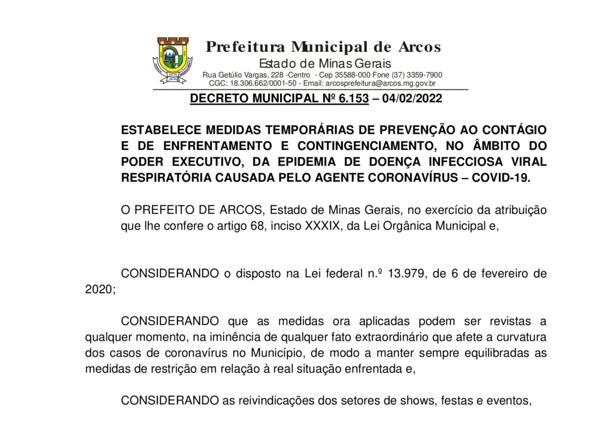 Novo Decreto permite o retorno da realização de shows, eventos e festas em Arcos