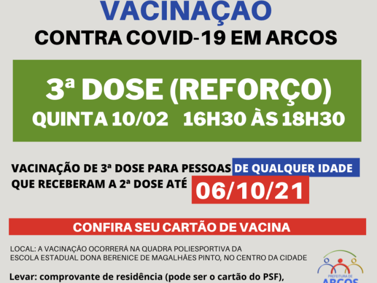 Covid-19: quinta (10/02) tem 3ª dose da vacina para pessoas de qualquer idade, que receberam a última imunização até 06/10/21