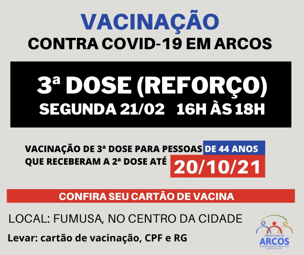 Covid-19: segunda (21/02) tem 3ª dose da vacina para pessoas de 44 anos que receberam a última imunização até 20/10/21
