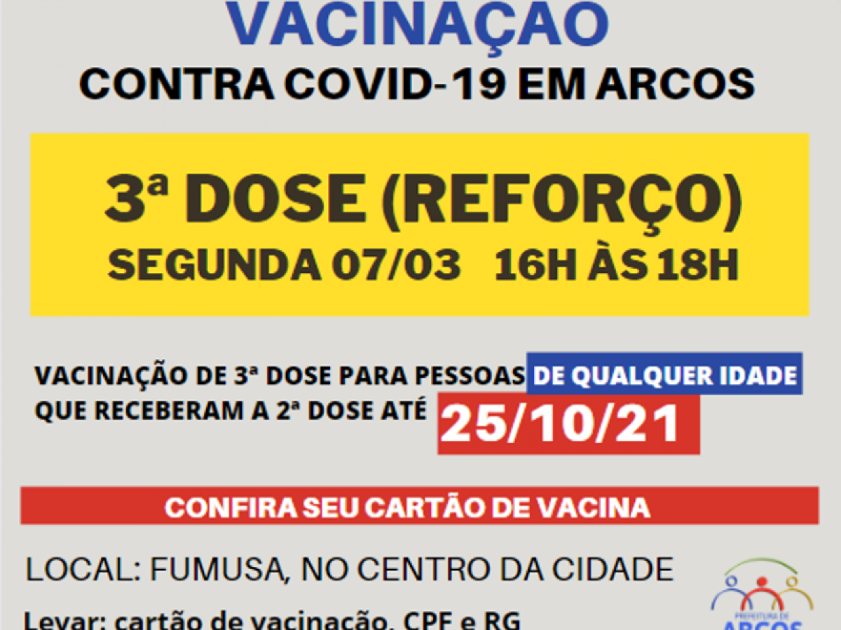 Covid-19: segunda (07/03) tem 3ª dose da vacina para pessoas que receberam a última imunização até 25/10/21