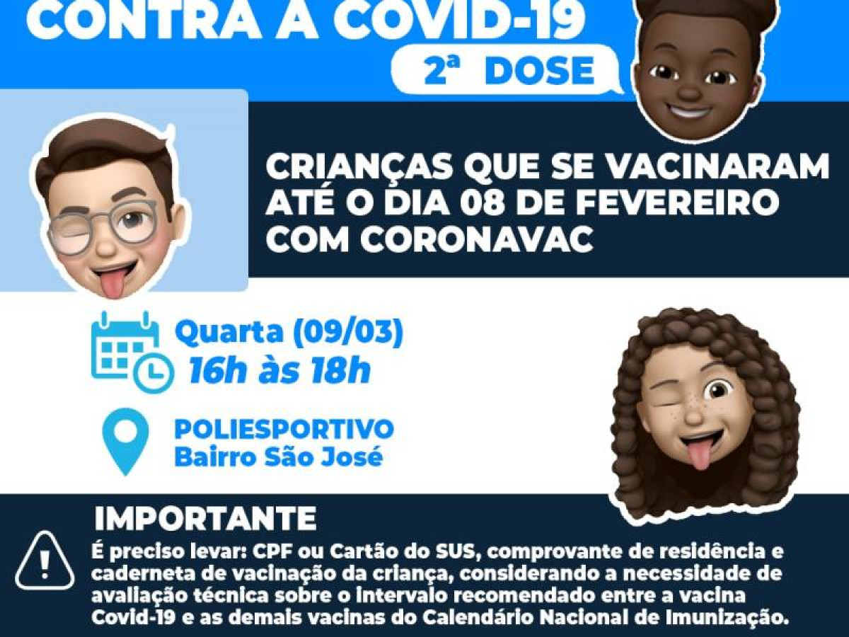 Covid-19: quarta (09/03) tem 2ª dose de CoronaVac para crianças que receberam imunização até o dia 08 de fevereiro