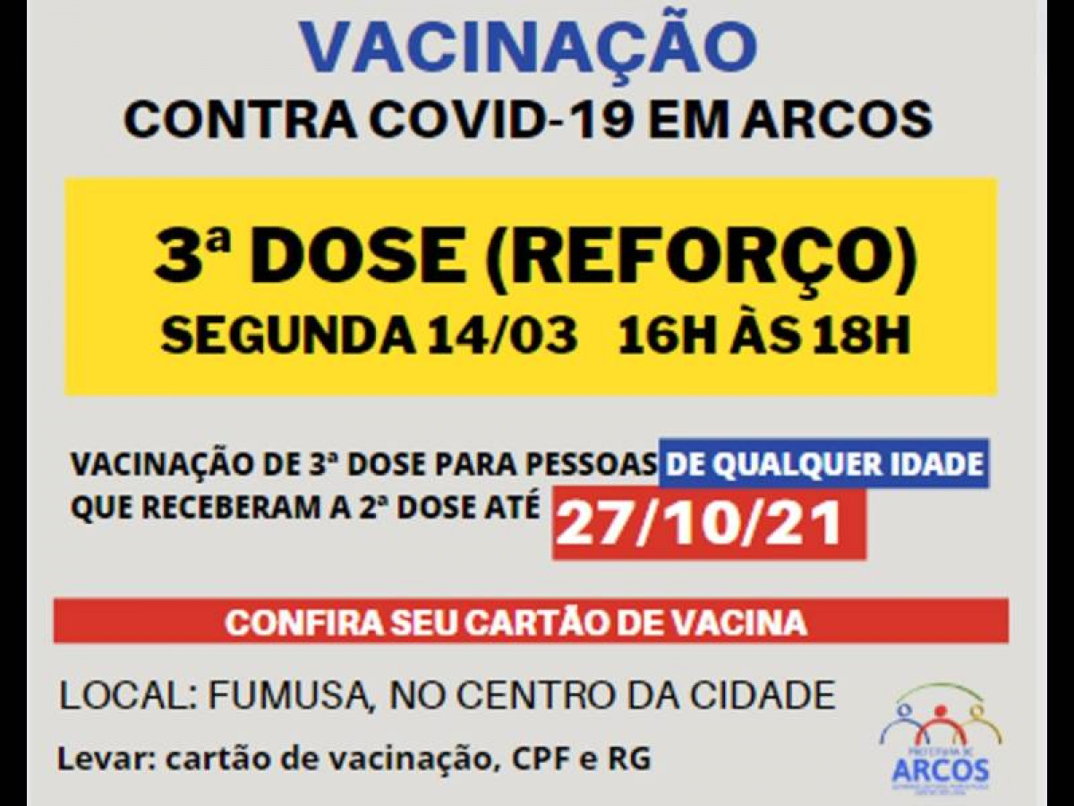 Covid-19: segunda (14/03) tem 3ª dose da vacina para pessoas que receberam a última imunização até 27/10/21
