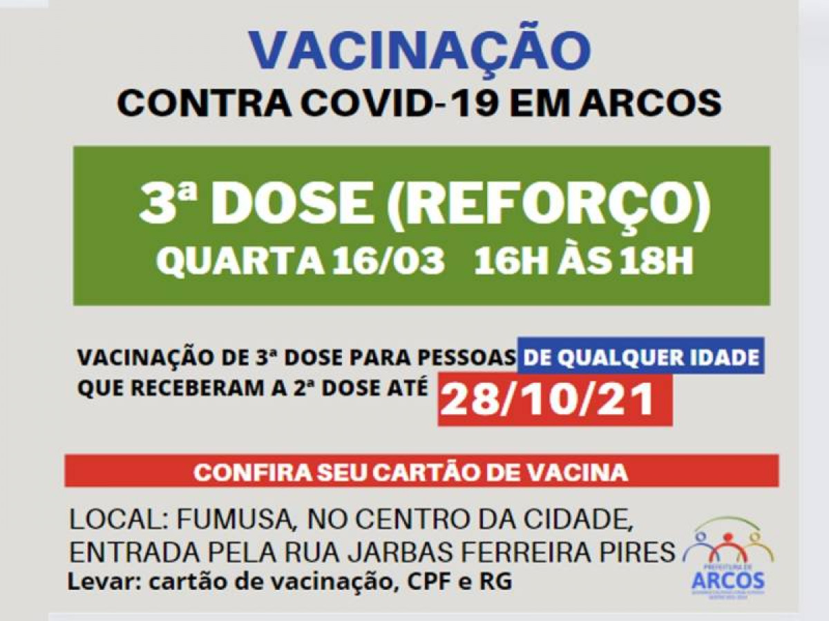 Covid-19: quarta (16/03) tem 3ª dose da vacina para pessoas que receberam a última imunização até 28/10/21