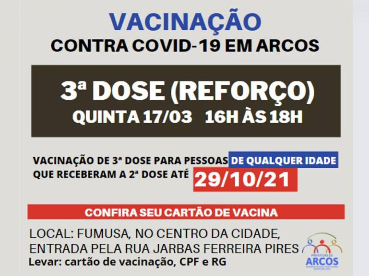 Covid-19: quinta (17/03) tem 3ª dose da vacina para pessoas que receberam a última imunização até 29/10/21